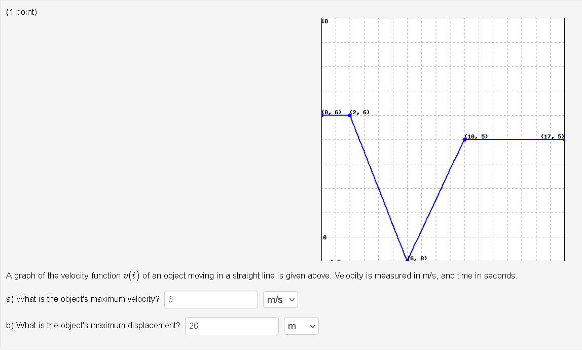 (1 point)
A graph of the velocity function \( v(t) \) of an object moving in a straight line is given above. Velocity is meas