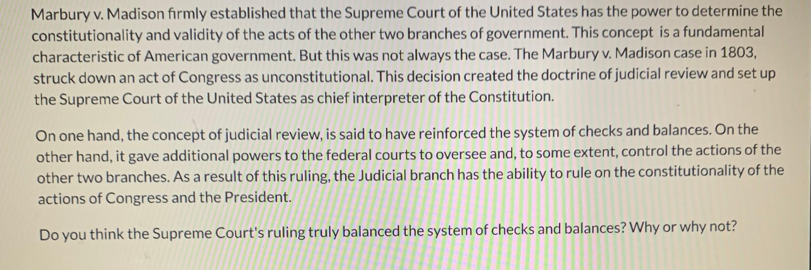 What power did the supreme sales court claim in marbury vs madison