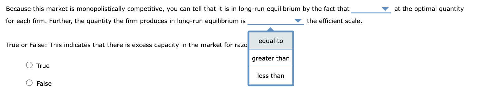 Because this market is monopolistically competitive, you can tell that it is in long-run equilibrium by the fact that for eac