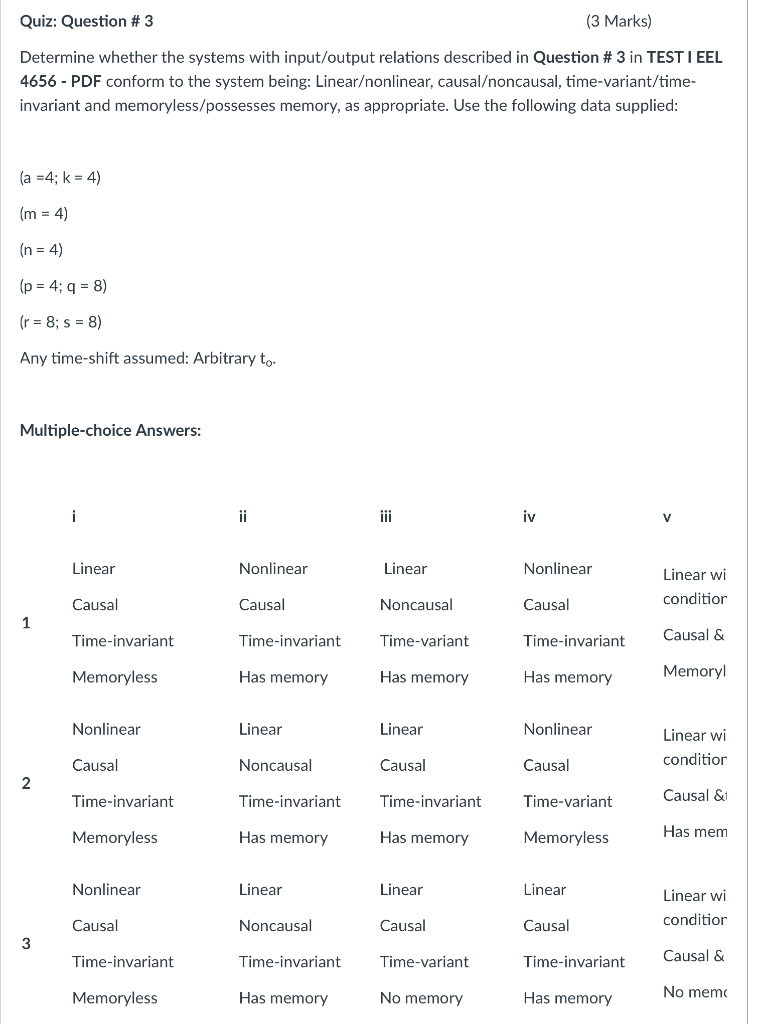 Solved Question # 3 (3 Marks) Determine whether the systems | Chegg.com