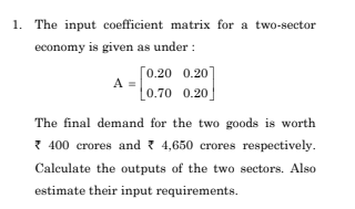 Solved The input coefficient matrix for a two-sector economy | Chegg.com