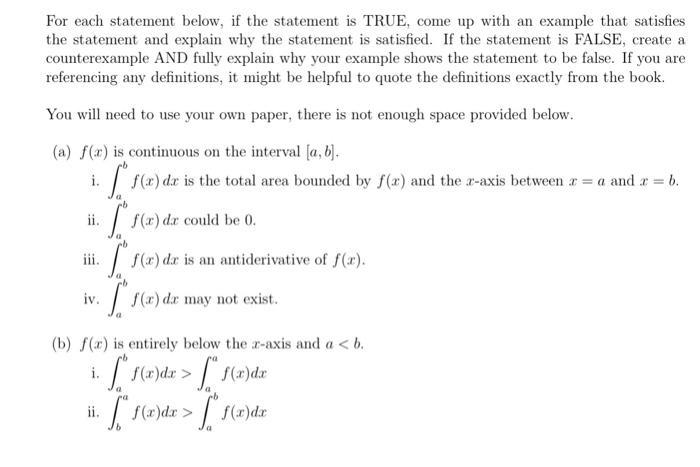 Solved For each statement below, if the statement is TRUE, | Chegg.com