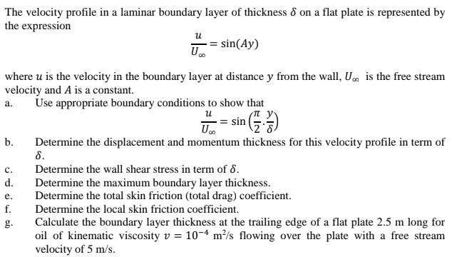 Solved The velocity profile in a laminar boundary layer of | Chegg.com