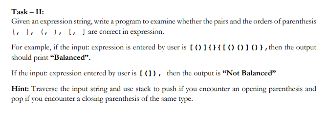 Solved Task - II: Given an expression string, write a | Chegg.com