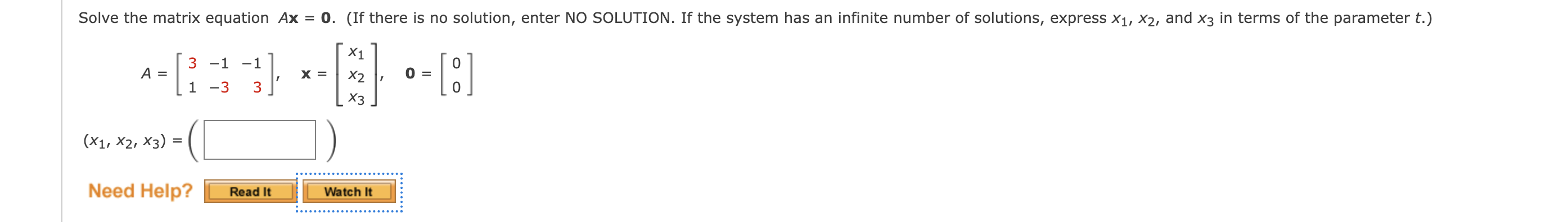 Solved A=[31−1−3−13],x=⎣⎡x1x2x3⎦⎤,0=[00](x1,x2,x3)=( | Chegg.com