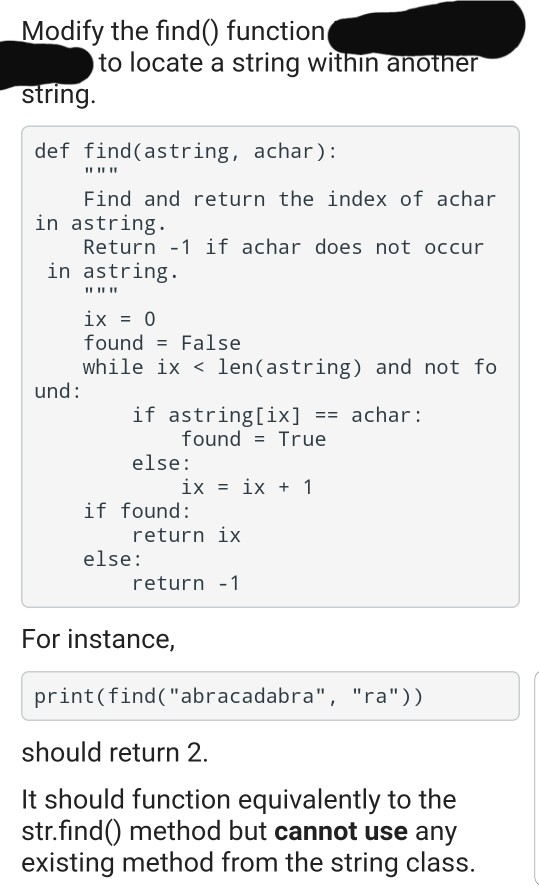 Solved Modify the find() function to locate a string within | Chegg.com