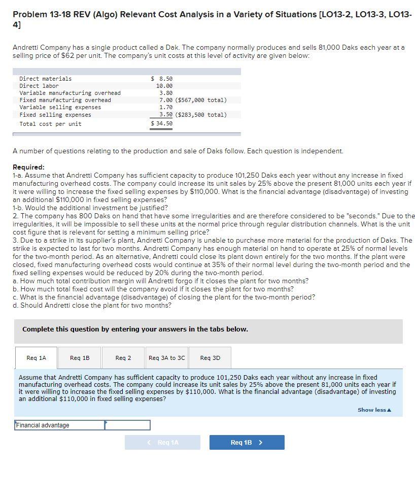 Solved Problem 13-18 REV (Algo) Relevant Cost Analysis In A | Chegg.com