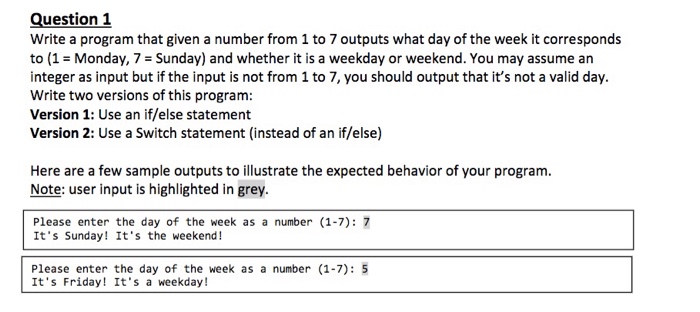Solved Question 1 Write a program that given a number from 1 | Chegg.com