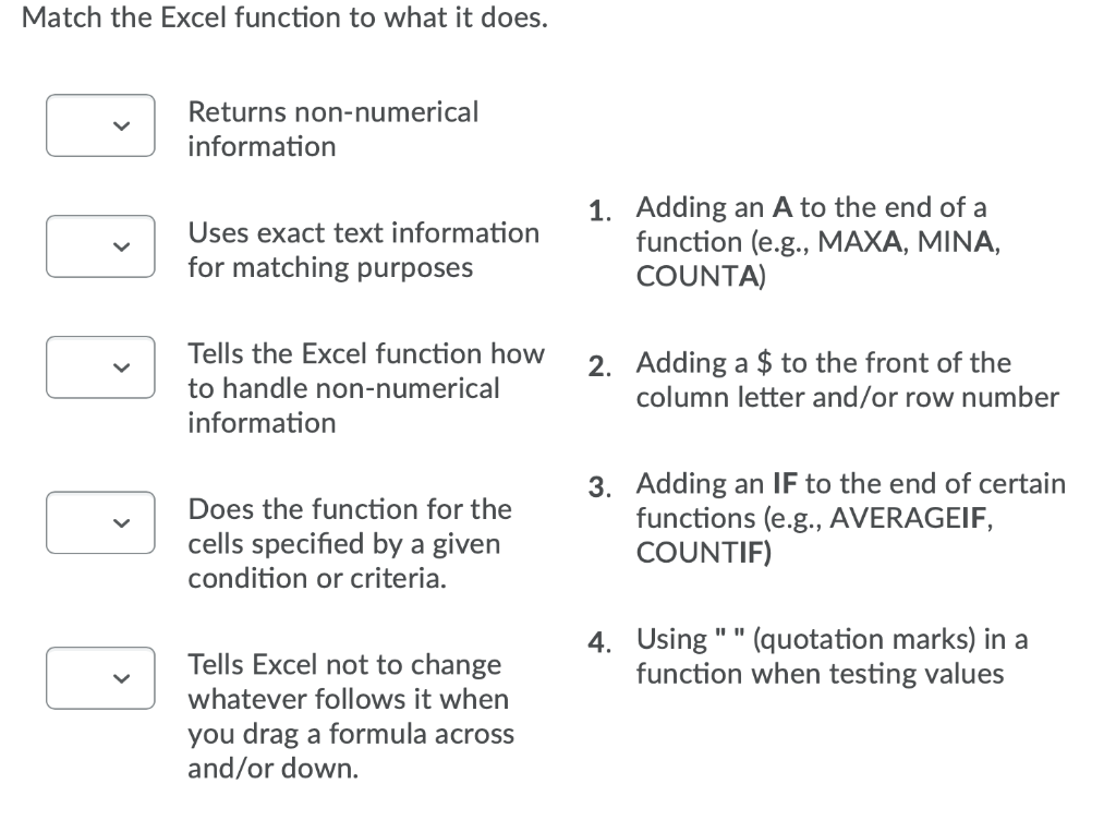 solved-match-the-excel-function-to-what-it-does-returns-chegg