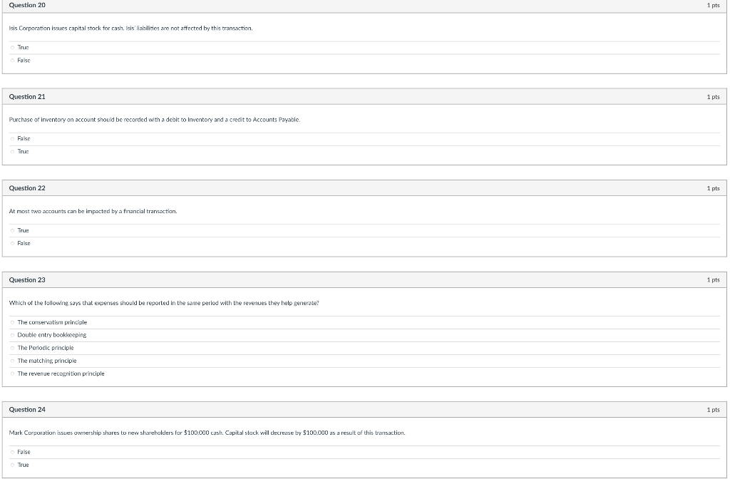 Isis Corporation issues capital stock for cash, Isisliakilities are not affected by this transaction.
True
Falso
Question 21