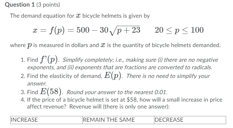 Solved Question 1 3 Points The Demand Equation For X Bi Chegg Com