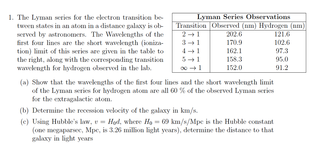 Solved 1. The Lyman series for the electron transition be