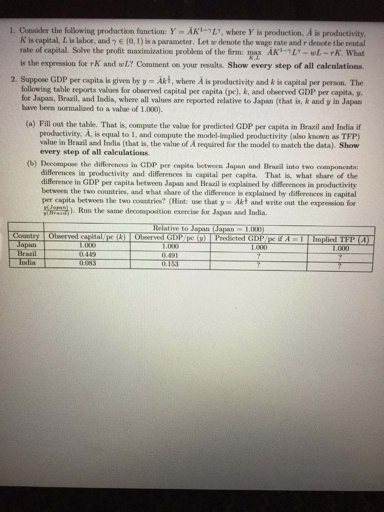 1 Consider The Following Production Function Y Chegg Com