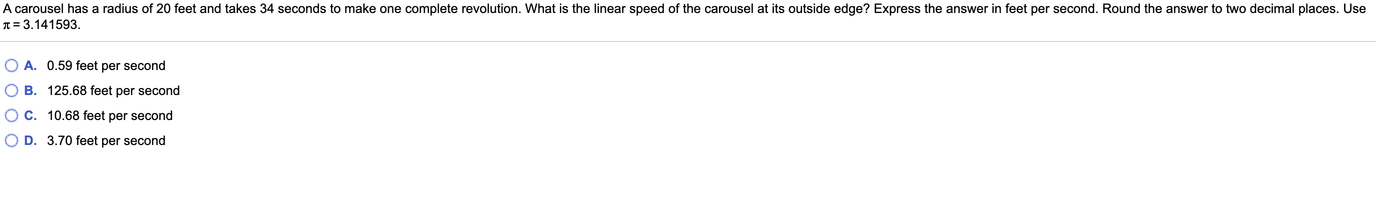 Solved A carousel has a radius of 20 feet and takes 34 | Chegg.com