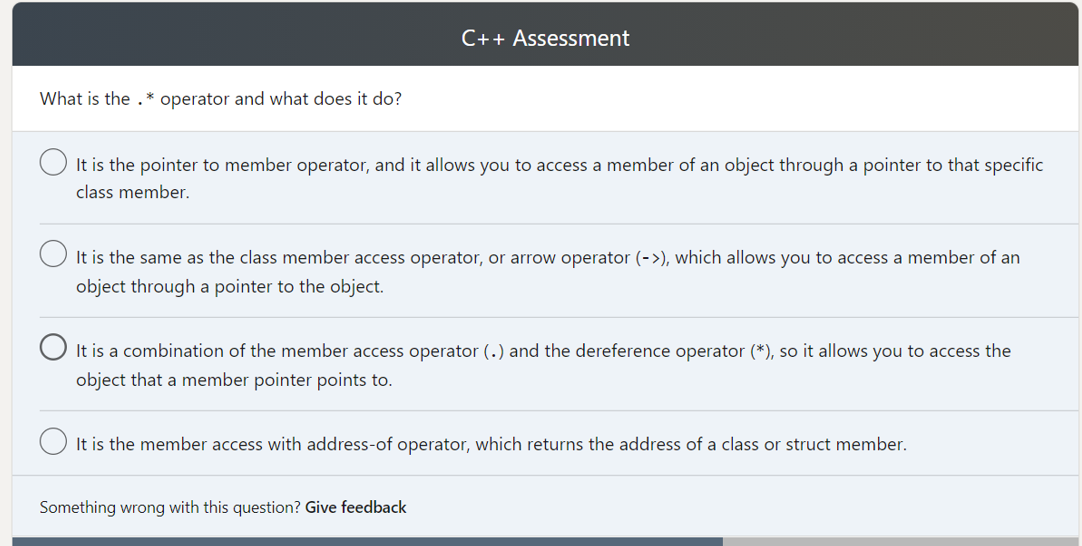 Solved C++ Assessment What is the . * operator and what does | Chegg.com