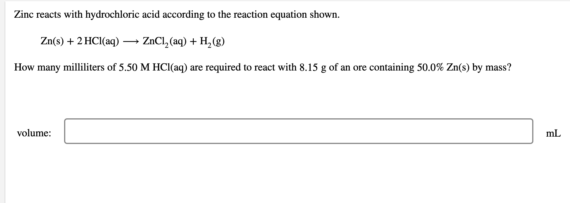 Solved Zinc reacts with hydrochloric acid according to the