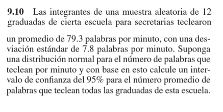 9.10 Las integrantes de una muestra aleatoria de 12 graduadas de cierta escuela para secretarias teclearon un promedio de 79.