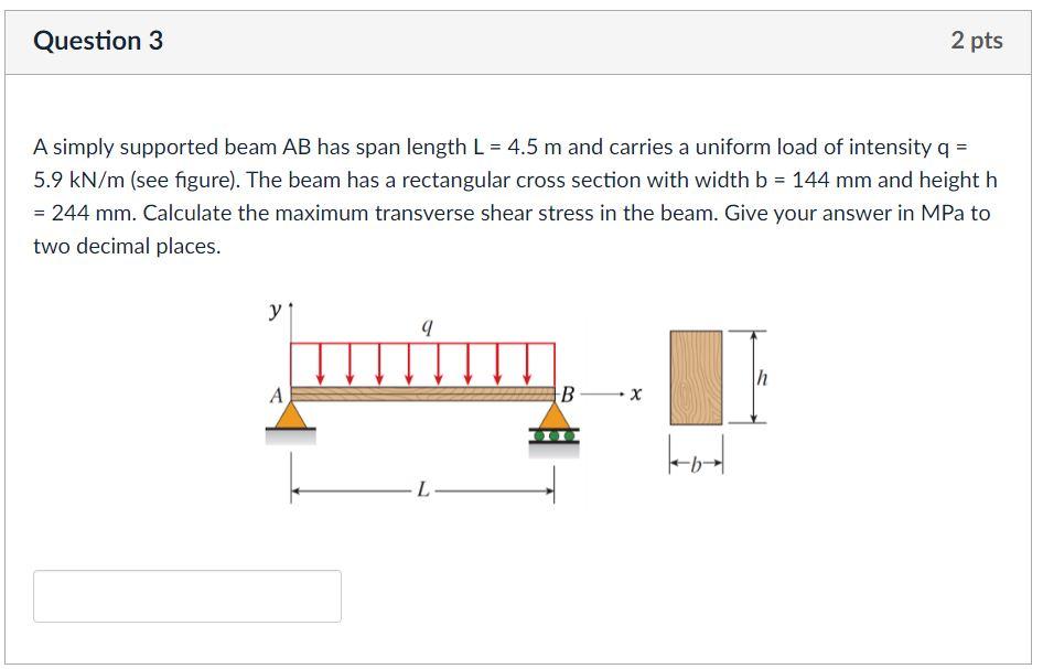 Solved Question 3 2 pts A simply supported beam AB has span | Chegg.com