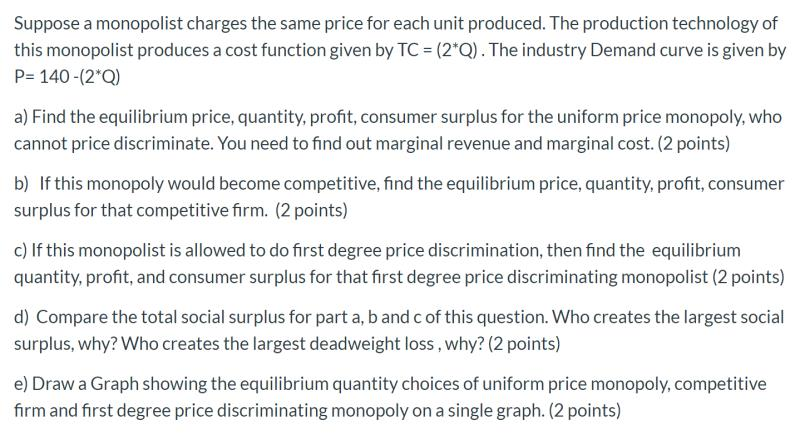 Solved Suppose a monopolist charges the same price for each | Chegg.com