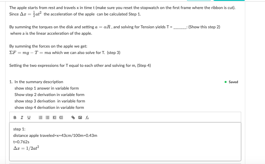 Solved The apple starts from rest and travels x in time t | Chegg.com