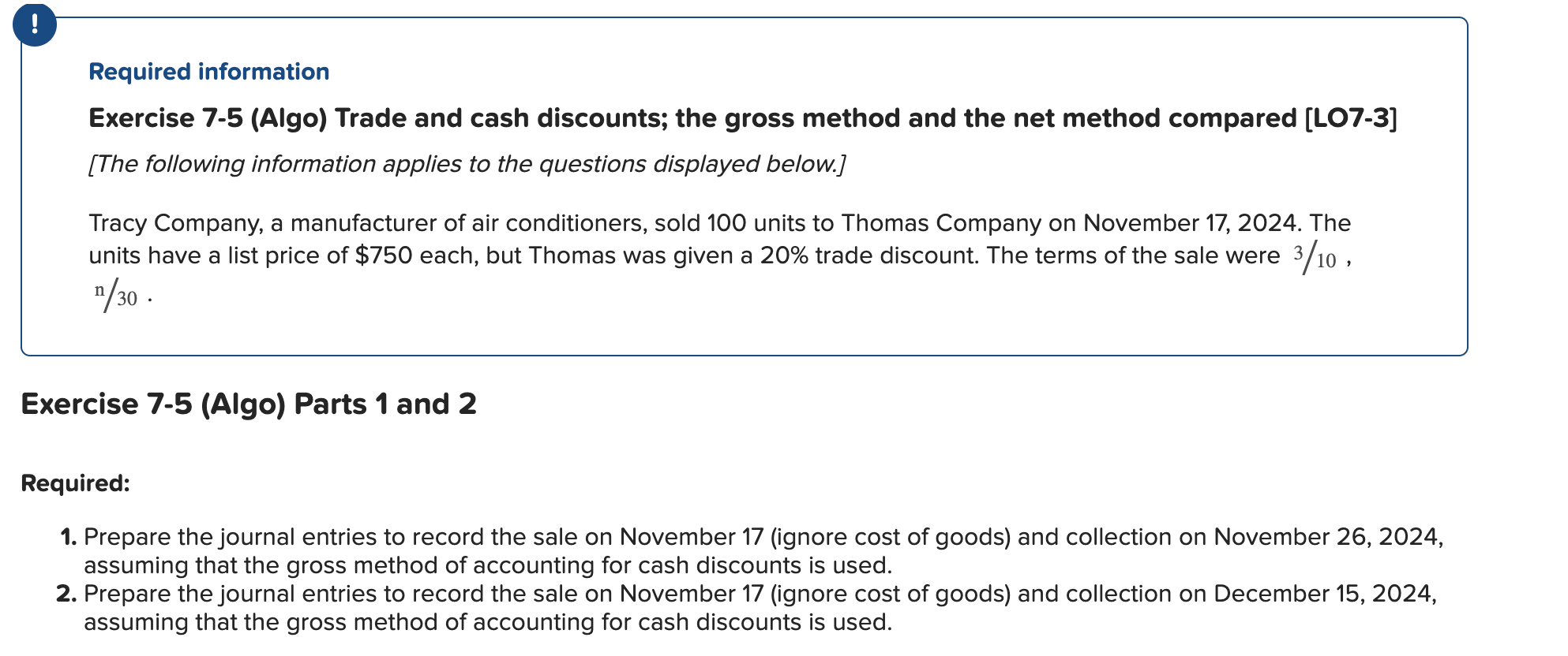 Solved Required information Exercise 7-5 (Algo) Trade and | Chegg.com