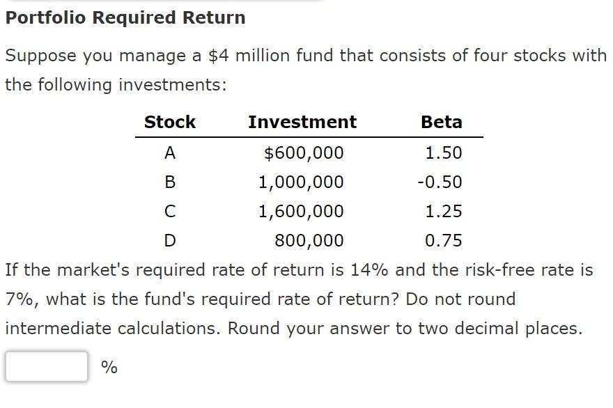 Solved Portfolio Required Return Suppose you manage a $4 | Chegg.com