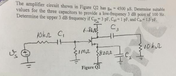 Solved The amplifier circuit shown in Figure Q2 has gm = | Chegg.com