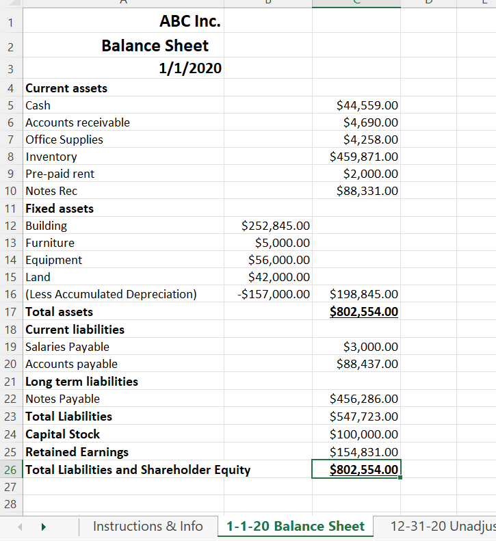 D D 2. 1 ABC Inc. Balance Sheet 3 1/1/2020 4.