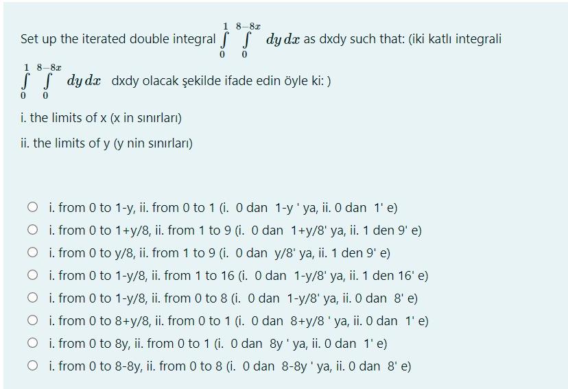 Solved 1 8-8.0 Set up the iterated double integral dy dx as | Chegg.com