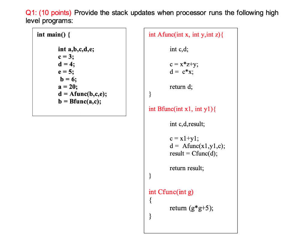Solved Q1: (10 points) Provide the stack updates when | Chegg.com