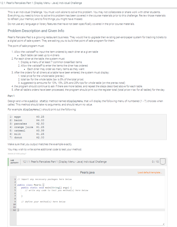 Solved 12.1 Pearl's Pancakes Part 1 (Display Menu Java)