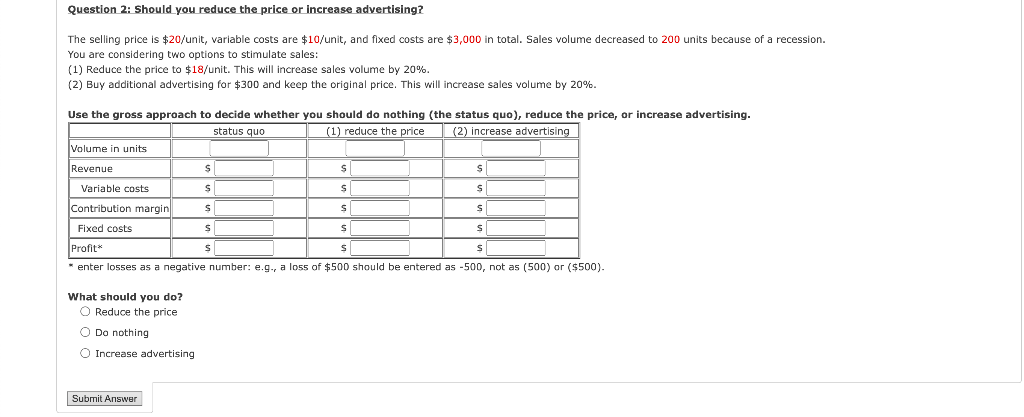 Solved Question 2: Should you reduce the price or increase | Chegg.com