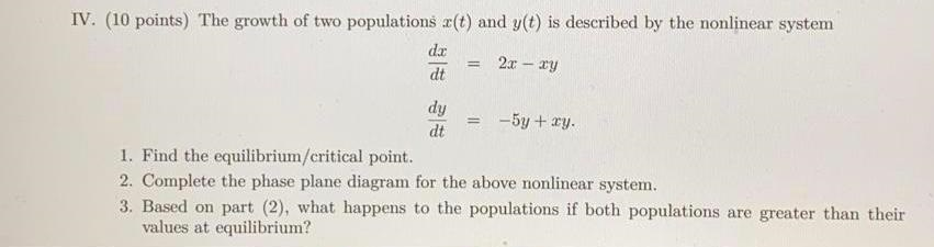 Solved IV. (10 points) The growth of two populations e(t) | Chegg.com