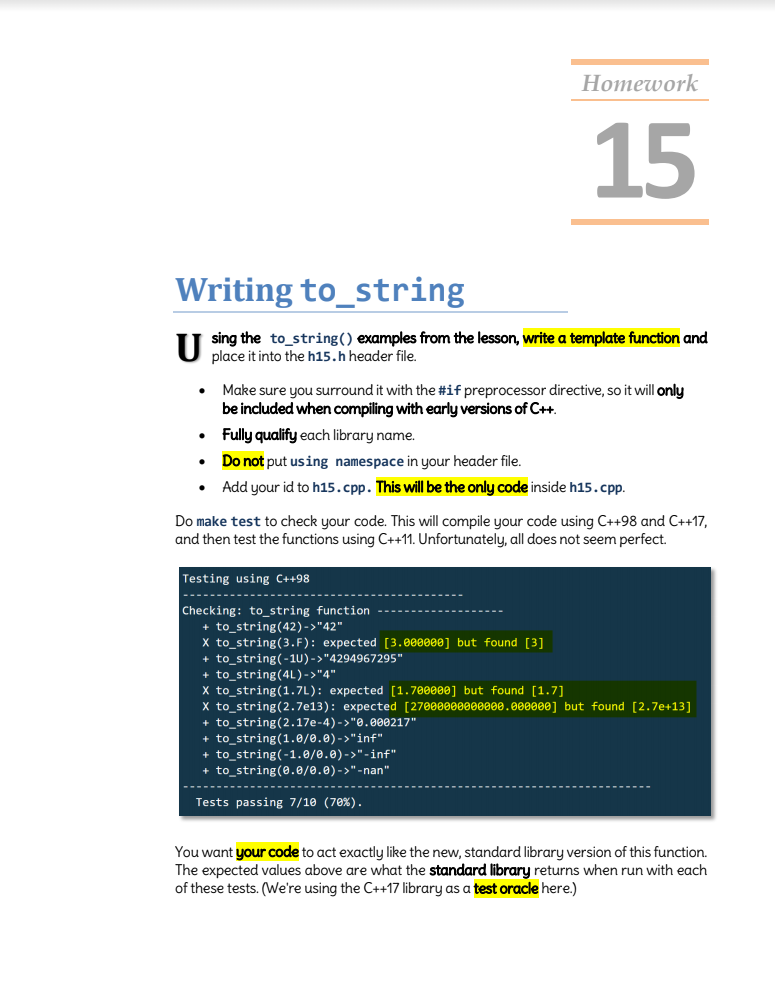 Homework 15 Writing to_string Using them to string() | Chegg.com