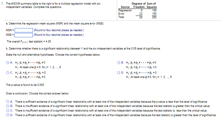 Solved 7. The ANOVA summary table to the right is for a | Chegg.com