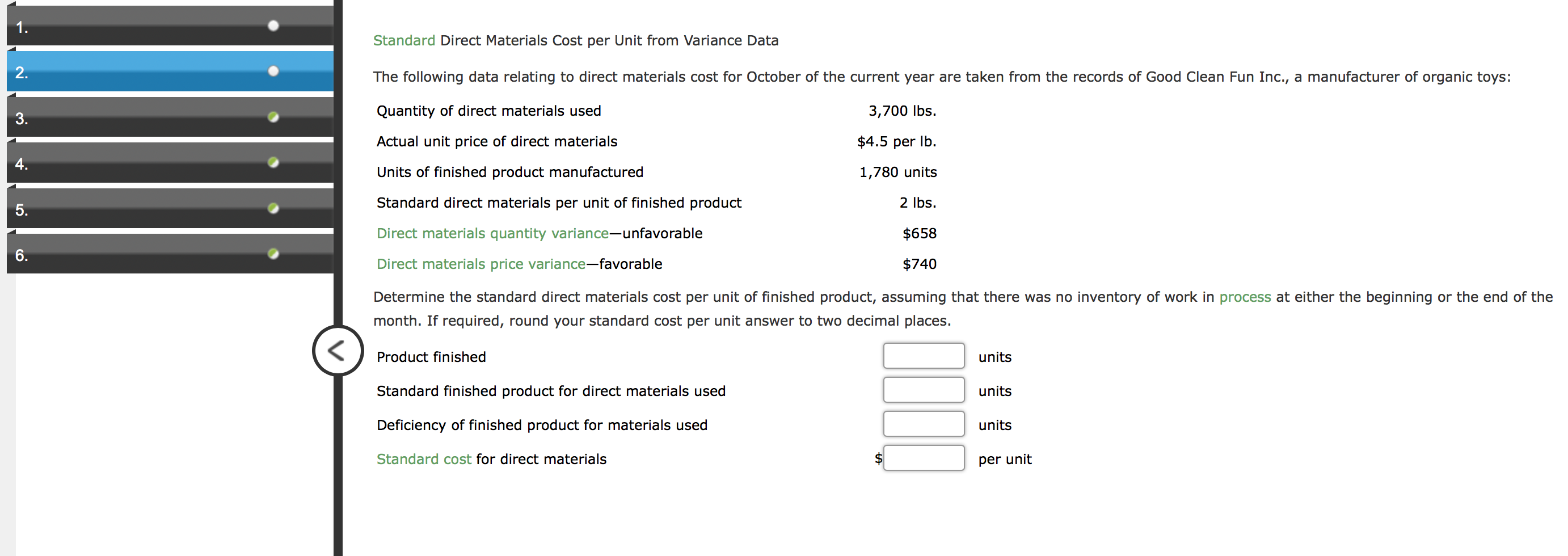 Solved Standard Direct Materials Cost per Unit from Variance