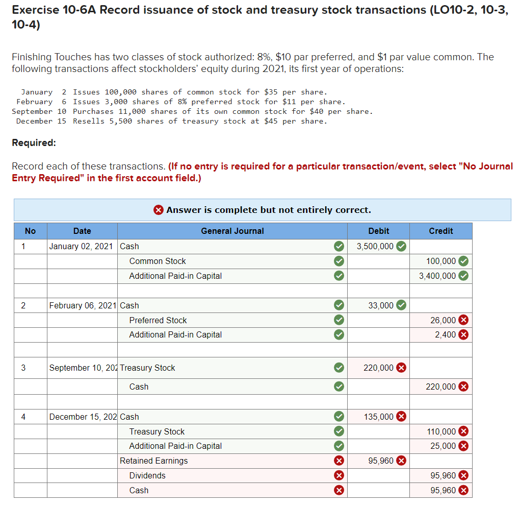 Solved Exercise 10-6A Record issuance of stock and treasury | Chegg.com