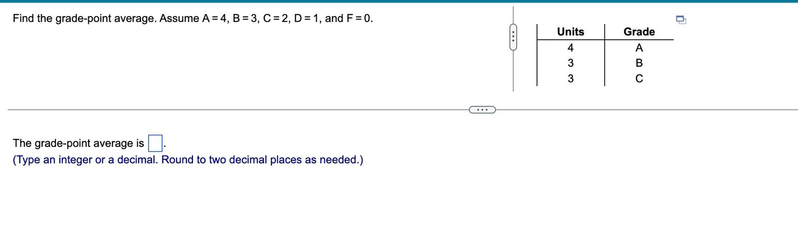 Solved Find the grade-point average. Assume A=4,B=3,C=2,D=1, | Chegg.com