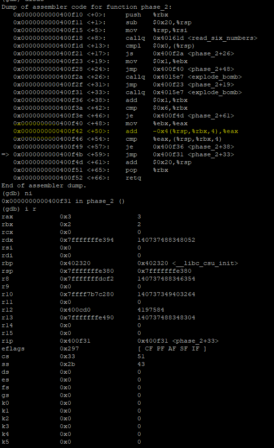 Solved BOMB LAB PHASE 2 I found my first number is 0, but