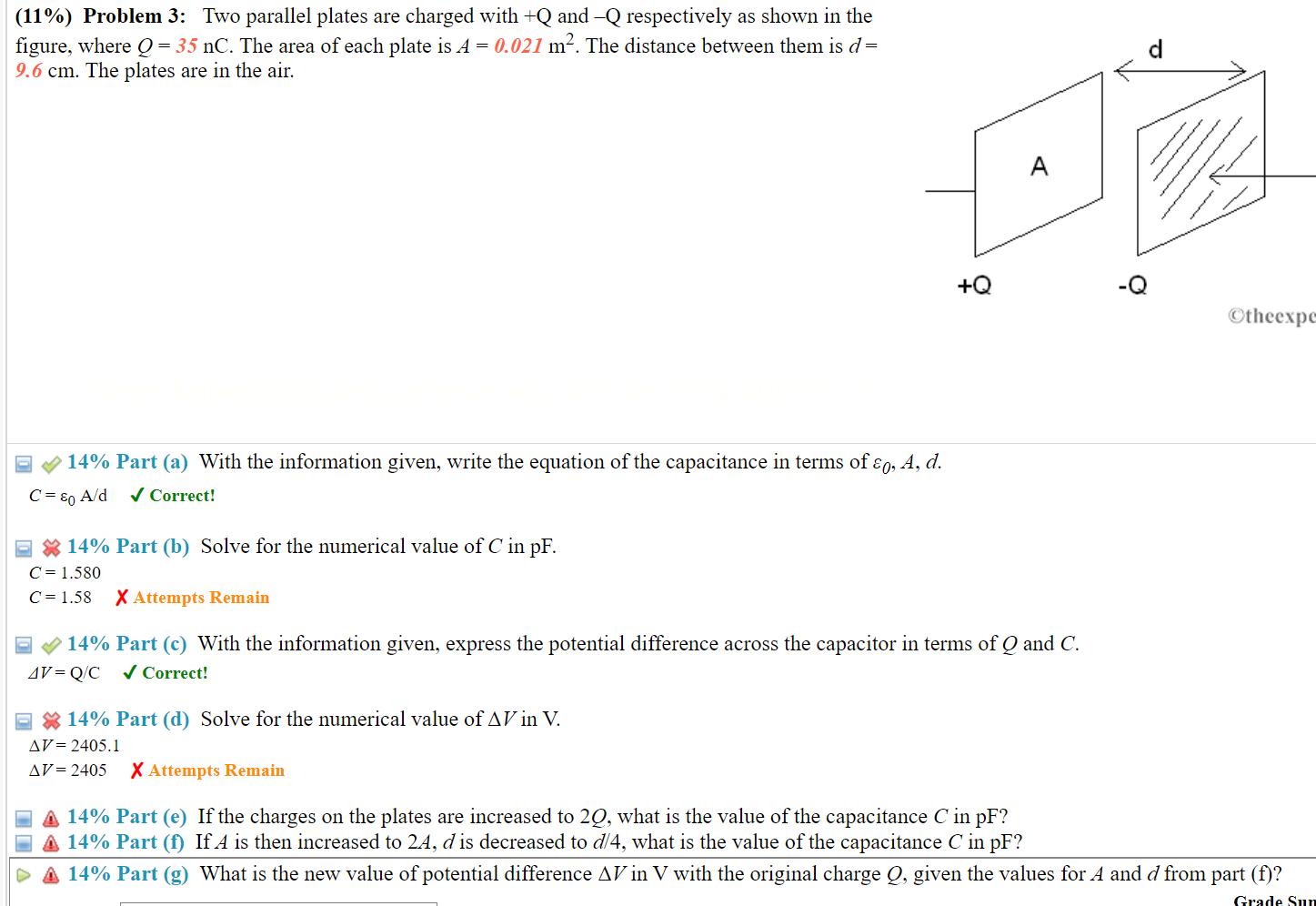 Solved (11%) Problem 3: Two parallel plates are charged with | Chegg.com