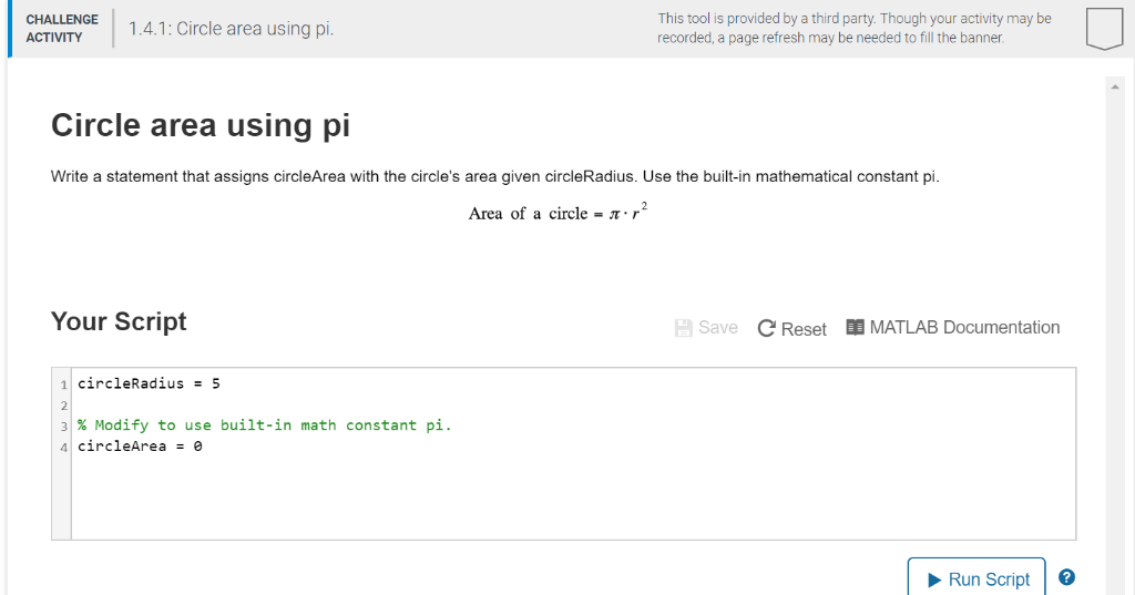 Solved CHALLENGE ACTIVITY 14.1: Circle area using pi This | Chegg.com