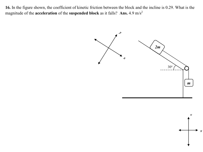 16. In the figure shown, the coefficient of kinetic friction between the block and the incline is 0.29. What is the
magnitude