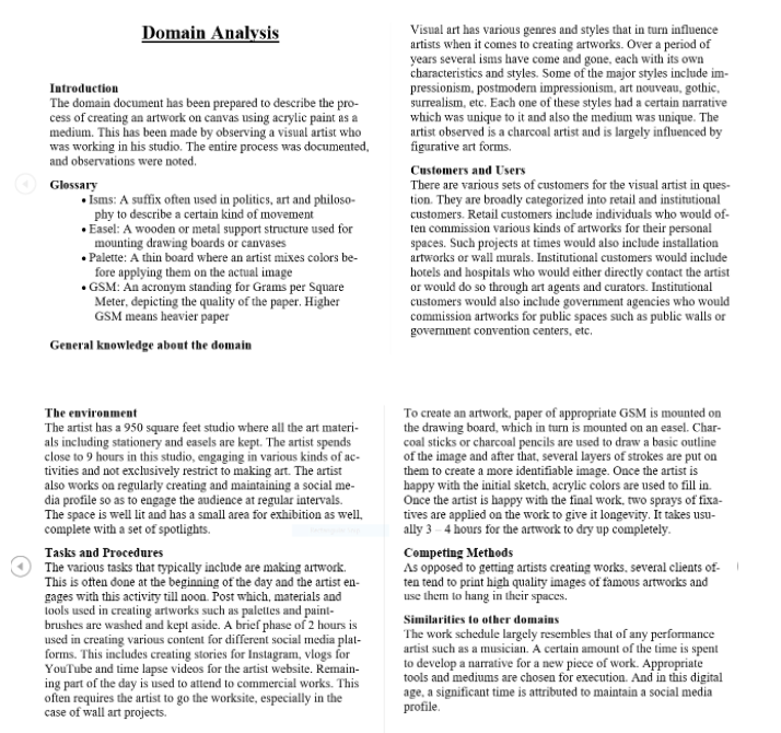 Domain Analysis Introduction The domain document has been prepared to describe the pro- cess of creating an artwork on canvas