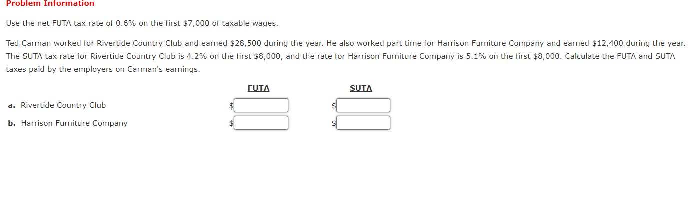 Problem Information
Use the net FUTA tax rate of 0.6% on the first $7,000 of taxable wages.
Ted Carman worked for Rivertide C