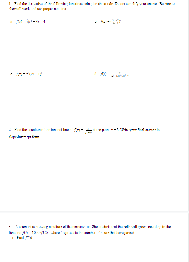 Solved 1. Find the derivative of the following functions | Chegg.com