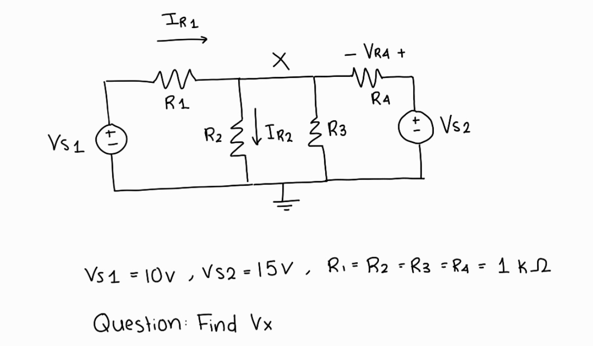 Solved VS1=10 V,VS2=15 V,R1=R2=R3=R4=1kΩ Question: Find Vx | Chegg.com