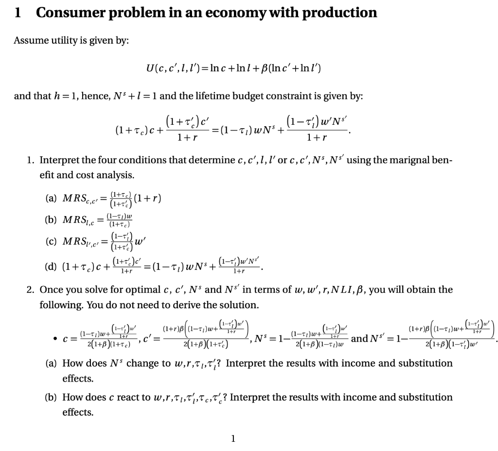 1 Consumer Problem In An Economy With Production A Chegg Com