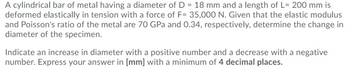 Solved A cylindrical bar of metal having a diameter of D = | Chegg.com