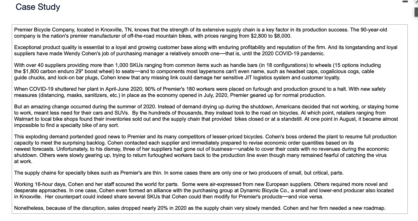 Solved Premier Bicycle Company, located in Knoxville, TN,