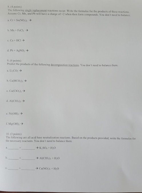 Single Replacement Example Questions Solved 8. (4 points) The following single replacement | Chegg.com